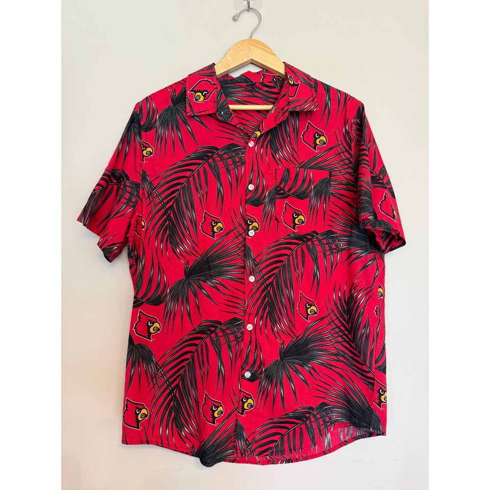 Louisville Cardinals NCAA Mens Large Red Black Palm Tree Hawaiian Button Up‎